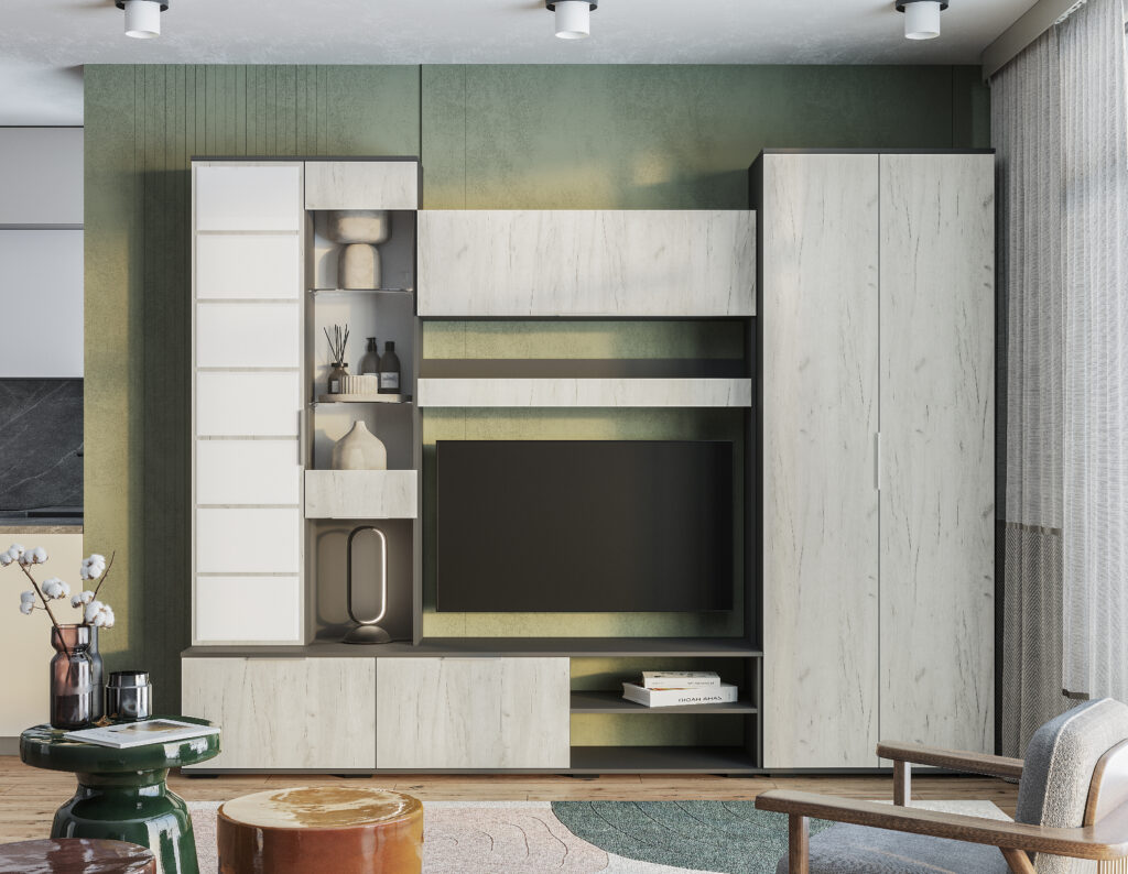 Гостиная «Плаза» Графит/дуб крафт белый