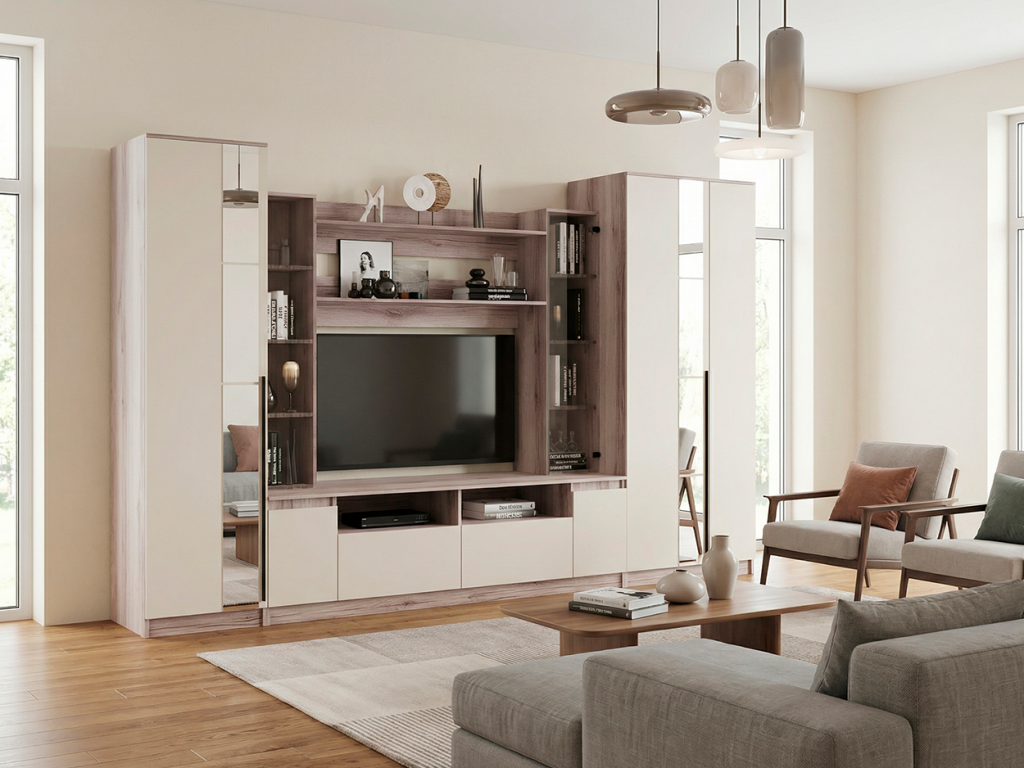 Модульная гостиная ПРИМА-3 Дуб делано серый/ Кашемир Модульная гостиная ПРИМА-3 Дуб делано серый/ Кашемир