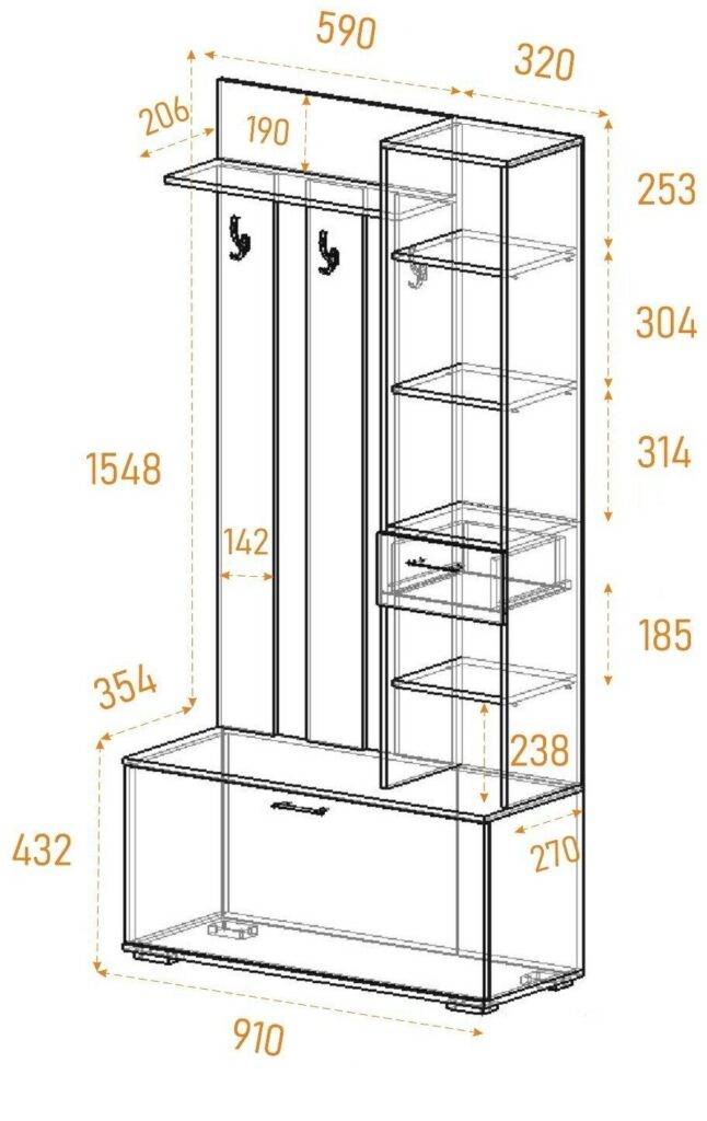 НИКА Прихожая ВЗ910 Вешалка с зеркалом 910*2032*354 ЯСЕНЬ ШИМО №5