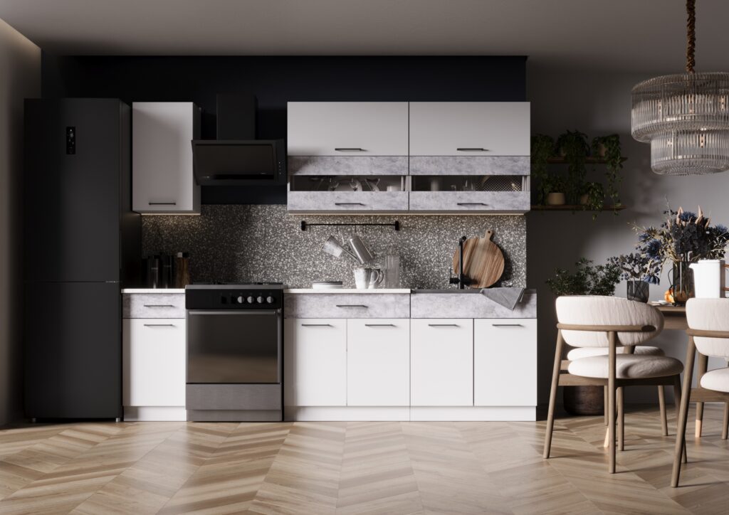 Кухня готовое решение «ИНГРИД» ЛДСП 2,0 (КорпусЛДСПБелШагрень/ФасадЛДСПБелШагрень/ЦементСв)